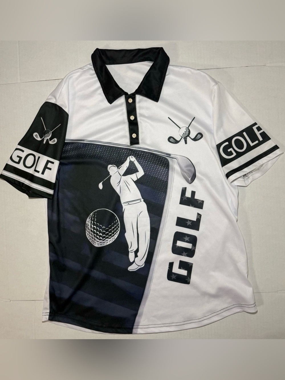 Men's Black & White Golf Polo Shirt with Graphic